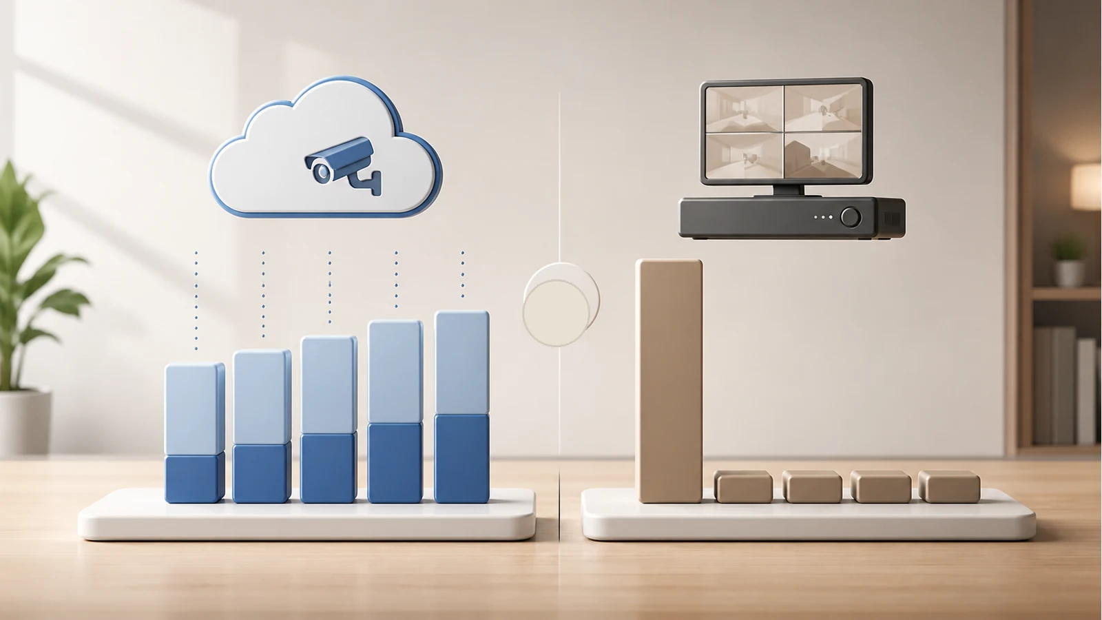 Bar chart comparing multi-year cloud camera subscription costs with a local NVR purchase path