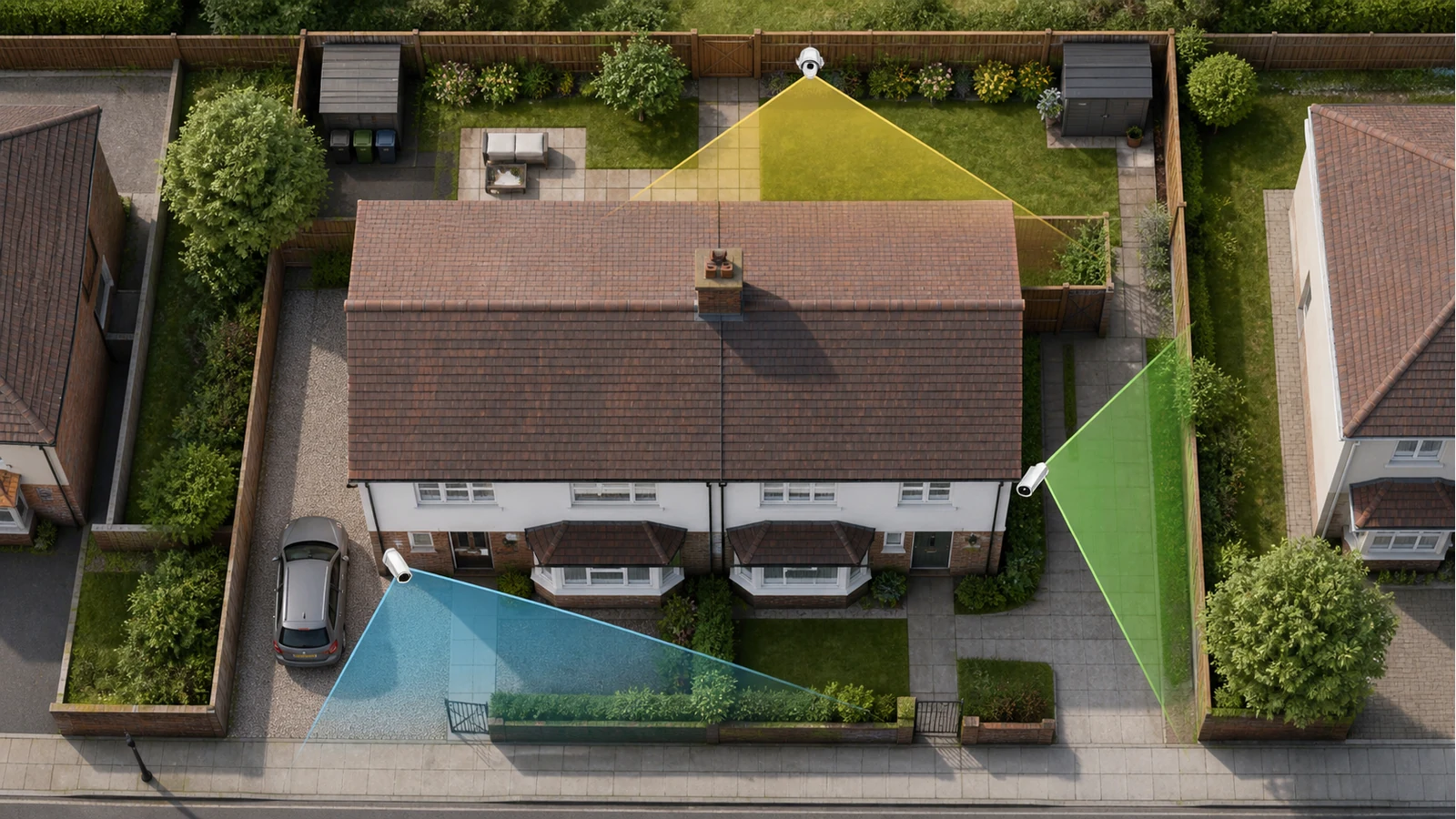 Plan view of a UK semi-detached house with three camera coverage zones marked