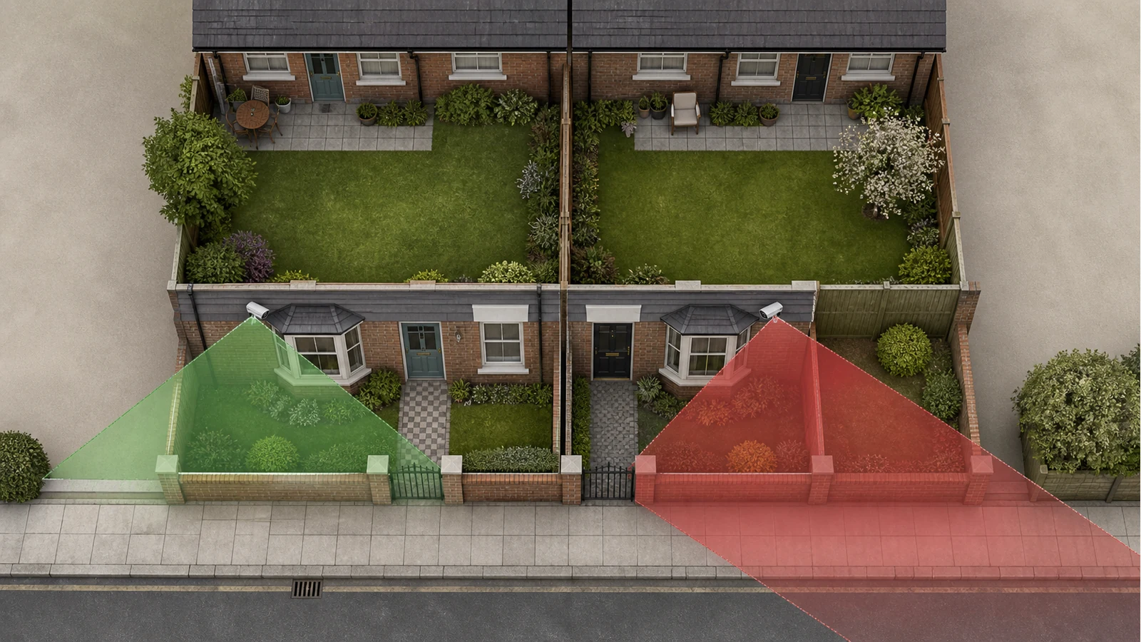 Domestic CCTV aiming diagram marking private boundary versus neighbour and pavement overspill