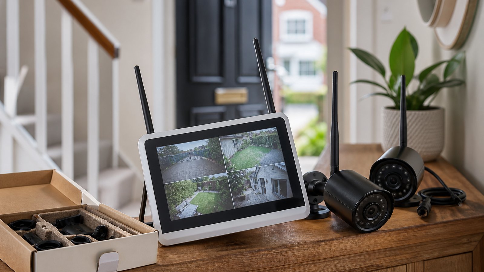 Gift-ready wireless CCTV kit unboxed in a UK hallway