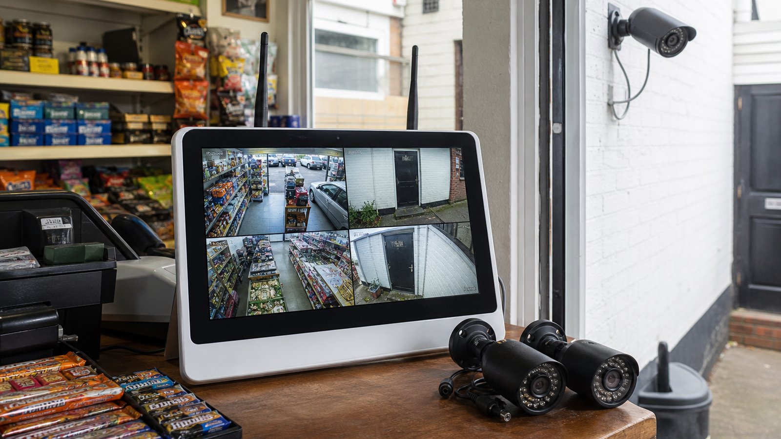 LCD NVR CCTV kit on a small UK shop counter