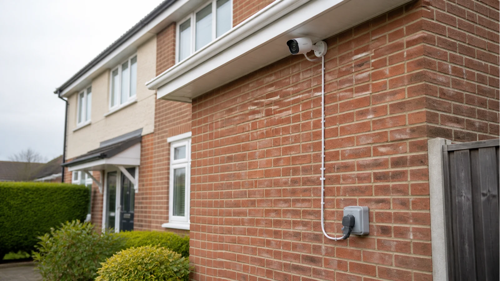 Diagram of outdoor camera needing a nearby weatherproof power socket under the eaves